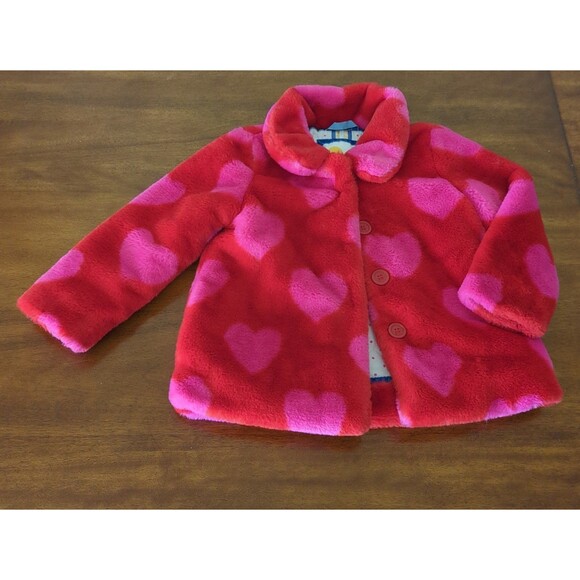 Mini Boden Girls Kids Faux Fur Collared Coat with Hearts design size 3/4 EUC - Picture 2 of 10